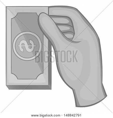 Hand holding a wad of money icon in black monochrome style isolated on white background. Finance symbol vector illustration