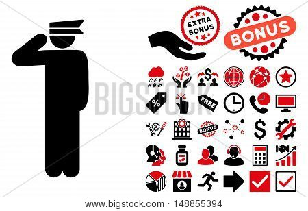 Police Officer icon with bonus design elements. Vector illustration style is flat iconic bicolor symbols intensive red and black colors white background.