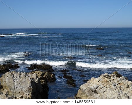 This is an image of the rocky shore of Asilomar Beach in
Pacific Grove, California.