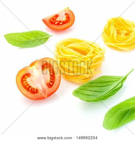 Italian Food Concept Fettuccine With Tomato And Sweet Basil Isolate On White Background..fettuccine