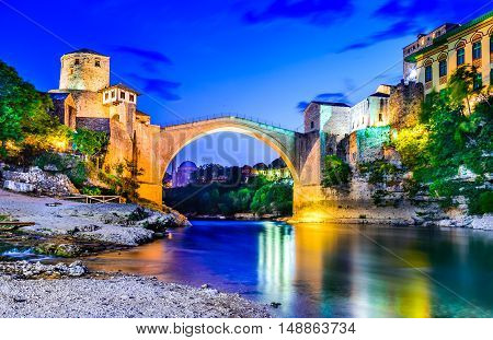 Mostar Bosnia and Herzegovina. The Old Bridge Stari Most with emerald river Neretva.