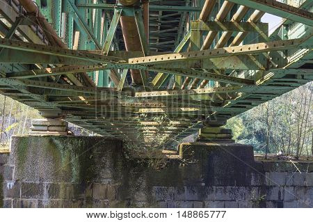 Railway bridge of steel for pedestrians and cyclists on the Ruhr in Essen Kupferdreh.