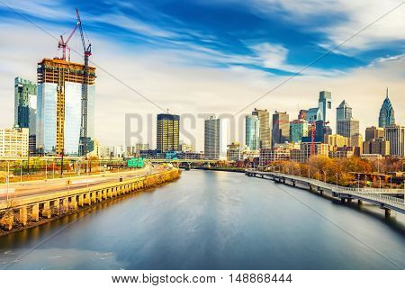 Panoramic picture of Philadelphia skyline and Schuylkill river, PA, USA.