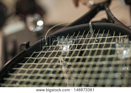 Detail Of Tennis Racket In The Stringing Machine