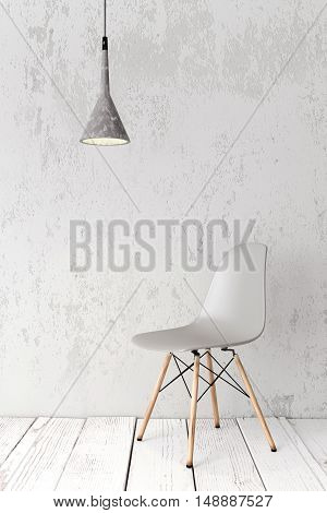 Modern plastic chair on wooden plank floor against wall, concrete pendant lamp above