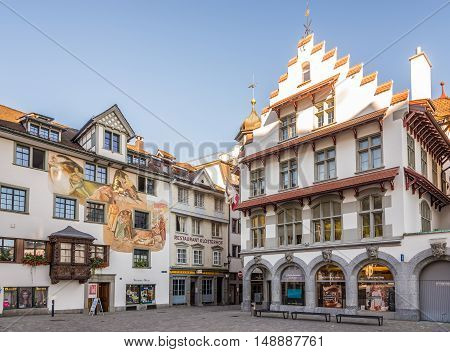 ST.GALLEN,SWITZERLAND - AUGUST 26,2016 - Decorated Houses in the streets of St.Gallen. St.Gallen is situated in the northeastern part of Switzerland.