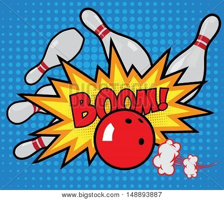 Vector old-style bowling poster in pop-art style. Strike on blue background.