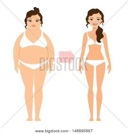 Fat lady and slim diet woman. Unhealthy and healthy lifestyle people isolated on white background. Vector illustration