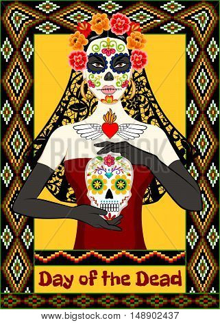 Dia de los Muertos card with calavera woman and sugar skull