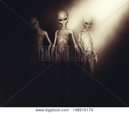 3D render of a group of aliens in atmospheric lighting