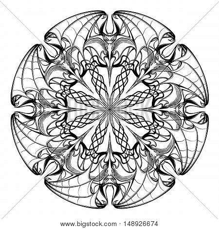 Intricate stylized circular ornament with bats for Halloween. Freehand sketch for adult coloring page. Tattoo design. Ornamental artistic drawing for t-shirt print EPS10 vector illustration.