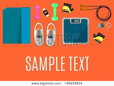 Vector illustration of gym sports equipment banner. Skipping rope, sports shoes, gloves, tracker bracelet, dumbbells and weigher on orange background. Different tools for sport. Space for your text