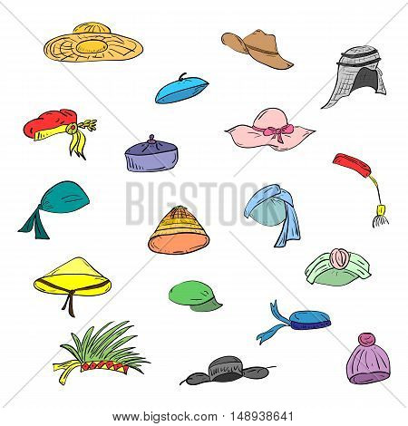 Cute Hand Drawn Painted Hats.Doodle Style National hats. Perfect for print. Vector Illustration.