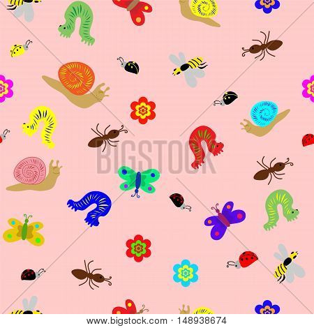 Seamless Child Drawing Pattern. Funny Doodle Insects snails and caterpillar. Perfect Design for Children. Vector Illustration.