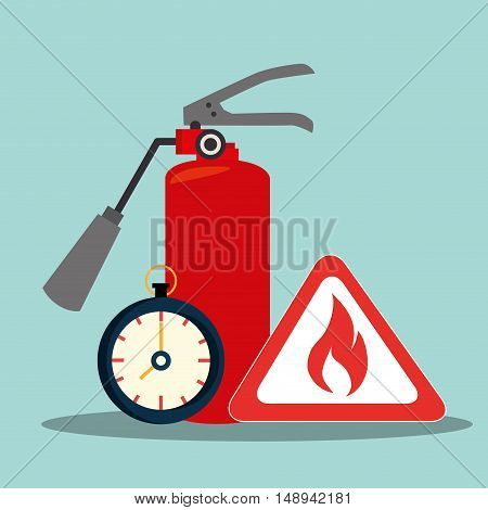 red extinguisher bottle and flame signal. fire emergency equipment. vector illustration