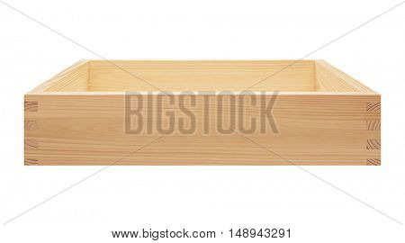 Empty yellowish wooden box. Made of pine, isolated on white background.