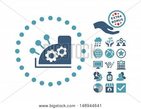 Cash Register icon with bonus icon set. Vector illustration style is flat iconic bicolor symbols cyan and blue colors white background.