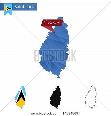 Saint Lucia Blue Low Poly Map With Capital Castries.