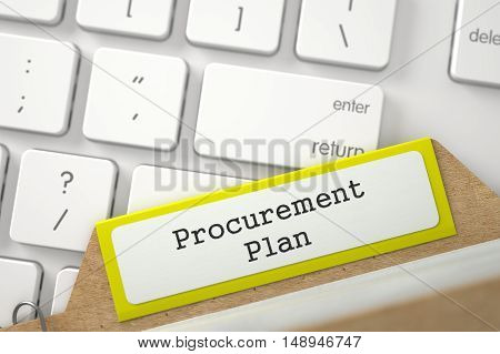 Yellow Folder Register with Inscription Procurement Plan Overlies White PC Keyboard. Close Up View. Selective Focus. 3D Rendering.
