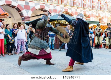 Badajoz Spain - September 23 2016: Arabics warriors fighting in celebration of Almossassa Badajoz Extremadura Spain