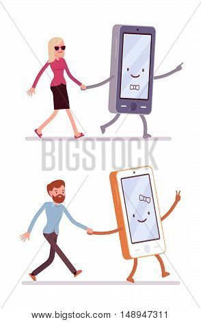 Set of man and woman walking with smartphone isolated against white background. Cartoon vector flat-style illustration