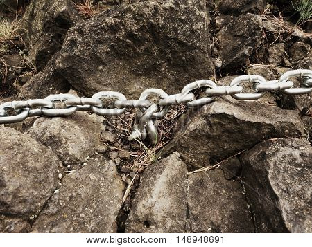 Eye Bolt With Iron Chain Anchored Into Sandstone Rock. Twisted Chain