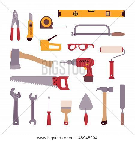 Set of construction tools isolated against white background. Cartoon vector flat-style illustration