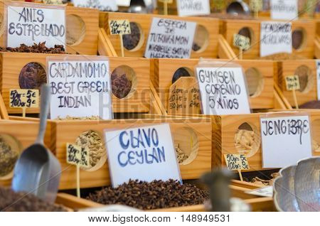 Many spices at the arabic market during celebration of Almossassa
