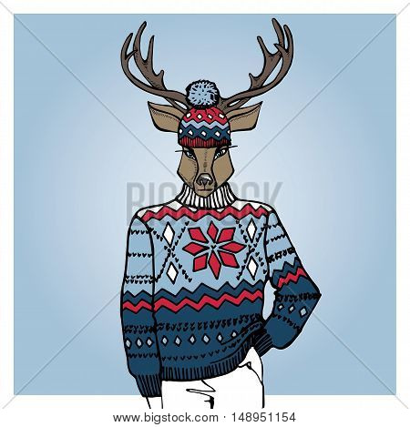 Hand Drawn doodle Illustration of Deer Hipster in Jacquard hat and sweater . Merry Christmas , Happy new year Card .Fashion vector