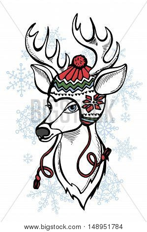 Hand Drawn doodle Illustration of Deer Hipster in Jacquard hat with snowflakesbackground. Merry Christmas , Happy new year Card .Fashion vector