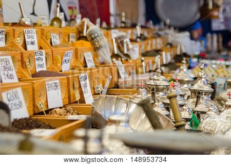 Many spices at the arabic market during celebration of Almossassa