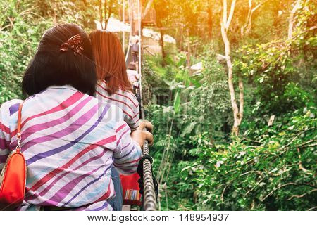 Woman doing tree climbing in adventure park with greenery in background on summer day. Happy female adventure climbing high wire park and safety equipment.