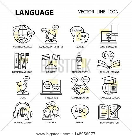Set of modern linear icons on the topic of learning a foreign language. Vector logos for schools, colleges and universities.
