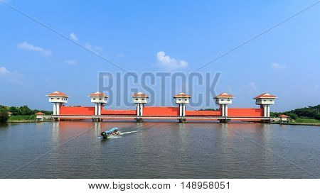 Sluice large on the Bang Pakong River in Chachoengsao Thailand .