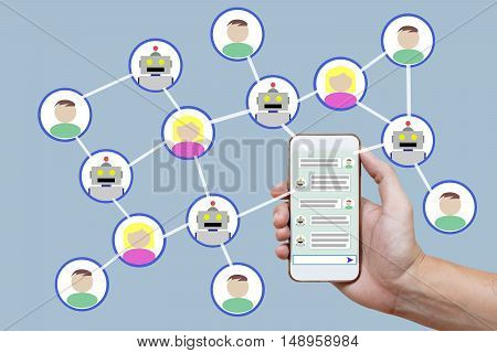 Chatbot concept with instant messenger displayed on smart phone and future marketing concept.