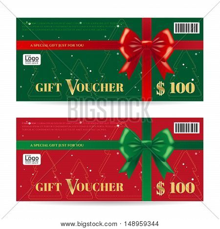 Christmas gift card or gift voucher template with shiny red and green bows and ribbons vector