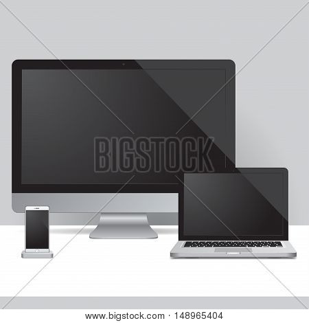 Set of three devices in one image: Smartphone, PC and laptop