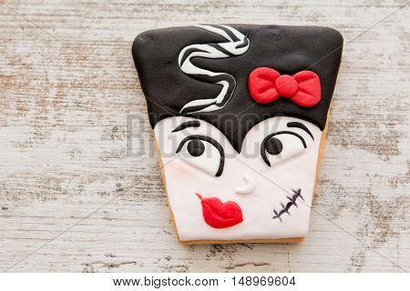Halloween cookies with shapes Mrs. Frankestein face. Sweet tradition