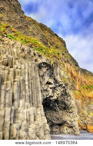 Basalt Halsanefshellir Cave at the Black Reynisfjara beach, South Icealnd