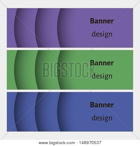 Banner design template. Abstract web banners set with curve elements and shadows. Violet, green, blue. Modern design. Vector illustration.