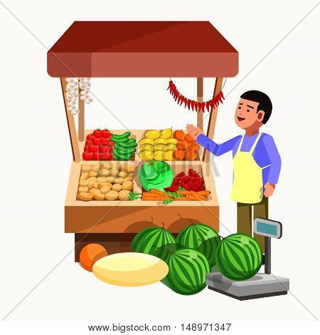 Vegetables and fruits product seller at the counter and stall. Vector shop in flat style. Kiosk with fresh vegetarian food products. Grocery store illustration.