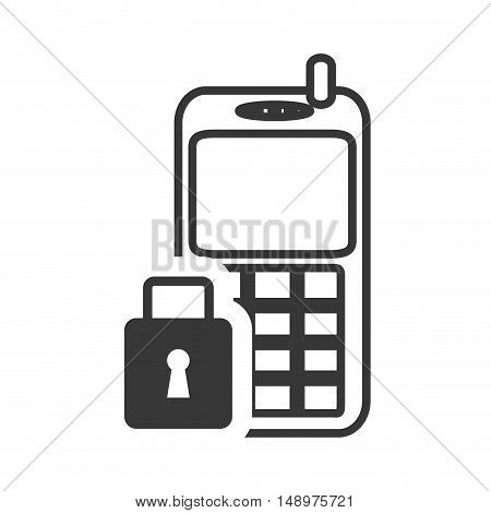 retro mobile phone device with security lock icon silhouette. vector illustration