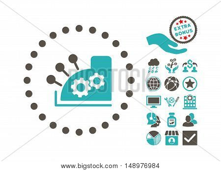 Cash Register pictograph with bonus design elements. Vector illustration style is flat iconic bicolor symbols grey and cyan colors white background.