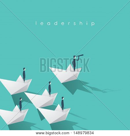 Businessman with monocular on paper boat as a symbol of business leadership. Visionary leading team, teamwork concept. Eps10 vector illustration.