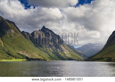 Dramatic mountain landscape at the Hjorundfjord Norway