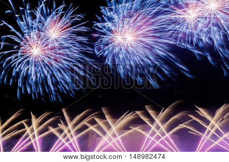 MOSCOW RUSSIA - SEPTEMBER 25 2016: The Circle of Light Moscow international festival 2016. Music fire light and fireworks show at the Krylatskoye Grebnoy Channel free open air performance.