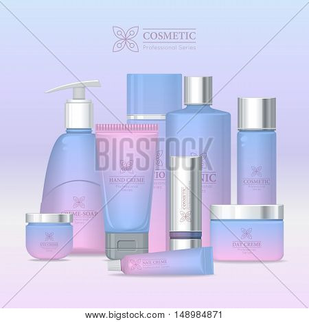 Professional series cosmetic set isolated. Hand cream, cream soap, eye cream, lotion, tonic, nail cream, day and night cream, shampoo, scrub. Part of series of decorative cosmetics items. Vector