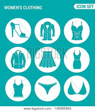 Vector set web icons. Womens clothing shoes coat jacket skirt dress t-shirt swimming trunks brassiere. Design of signs symbols on a turquoise background