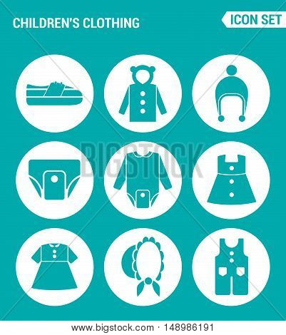 Vector set web icons. Children clothing shoes jacket raglan cap diapers clothes hat pants. Design of signs symbols on a turquoise background