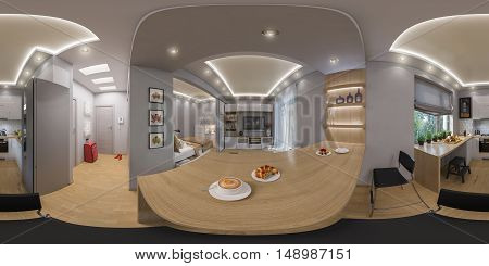 3D Rendering Spherical 360 Degrees, Seamless Panorama Of  Living